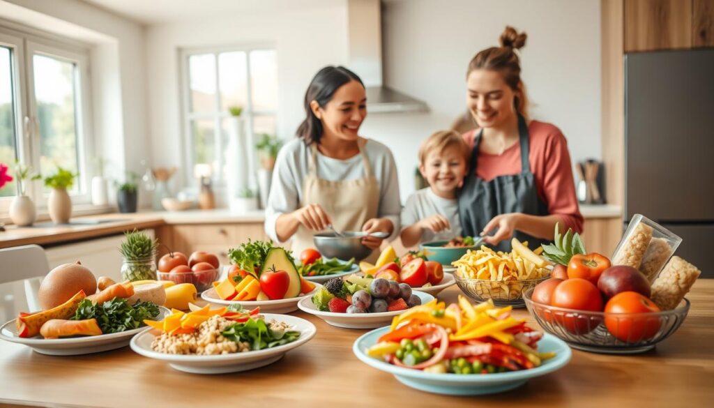 A vibrant kitchen scene depicting a balanced meal for children. In the foreground, a wooden table is set with colorful plates filled with nutritious foods like fresh fruits, vegetables, whole grains, and lean proteins, appealingly arranged to attract kids' attention. In the middle ground, a mother and her child are joyfully cooking together, both dressed in casual, modest clothing. The mother is demonstrating how to prepare a healthy dish, using modern kitchen appliances. The background showcases a sunny kitchen with large windows, allowing natural light to flood the space, enhancing the cheerful atmosphere. The overall mood is warm, inviting, and educational, promoting the importance of healthy eating habits for children. A vibrant kitchen scene depicting a balanced meal for children. In the foreground, a wooden table is set with colorful plates filled with nutritious foods like fresh fruits, vegetables, whole grains, and lean proteins, appealingly arranged to attract kids' attention. In the middle ground, a mother and her child are joyfully cooking together, both dressed in casual, modest clothing. The mother is demonstrating how to prepare a healthy dish, using modern kitchen appliances. The background showcases a sunny kitchen with large windows, allowing natural light to flood the space, enhancing the cheerful atmosphere. The overall mood is warm, inviting, and educational, promoting the importance of healthy eating habits for children.