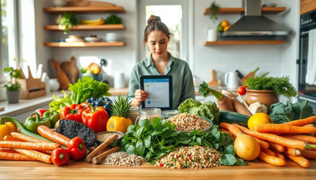A vibrant kitchen scene showcasing a diverse array of fresh ingredients and healthy meal options displayed on a wooden table. In the foreground, a colorful assortment of vegetables like bell peppers, carrots, and leafy greens are neatly arranged alongside whole grains and lean proteins. In the middle, a person in modest casual clothing is thoughtfully planning meals, surrounded by recipe cards and a digital tablet with a meal planning app open, capturing a sense of focus and organization. The background features bright natural light streaming in through a window, casting soft shadows and creating an inviting atmosphere. The mood is calm and productive, reflecting the ease of maintaining a healthy diet through effective meal planning.