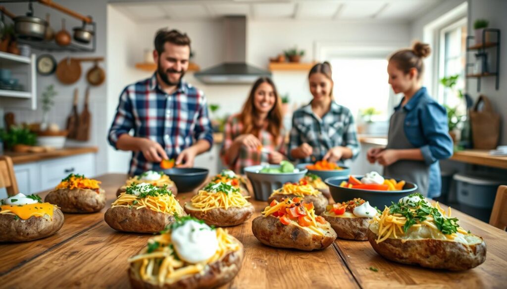 A vibrant kitchen scene showcasing a quick family meal centered around baked potatoes with various toppings. In the foreground, a warm, rustic wooden table is laden with several baked potatoes, some topped with melted cheese, fresh herbs, sour cream, and colorful vegetables. In the middle ground, a cheerful family of four, dressed in casual but neat clothing, is enthusiastically preparing toppings together, smiling and sharing laughter. The background features a bright, inviting kitchen with pots hanging, fresh ingredients on the counter, and a window allowing soft, natural light to pour in, creating a cozy and lively atmosphere. Capture the essence of togetherness and the joy of quick family cooking, emphasizing the appealing textures and colors of the food. The image should be shot from a slight overhead angle to encapsulate the delightful arrangement of the meal and the engaging family activity.