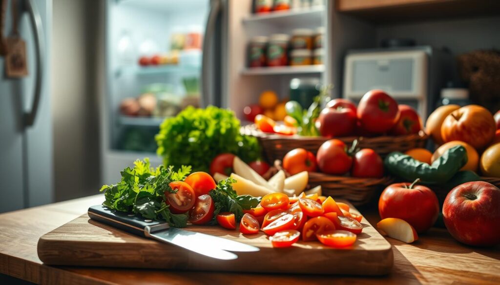 A vibrant kitchen scene showcasing an array of fresh seasonal fruits and vegetables, including colorful tomatoes, leafy greens, and ripe apples arranged elegantly. In the foreground, a wooden cutting board displays a neatly chopped selection of produce, with a knife resting beside it. The middle ground features a well-organized fridge, illuminated by soft, natural light that highlights the freshness of the items within. In the background, a window allows sunlight to filter in, casting warm shadows that create a cozy atmosphere. The overall mood is inviting and fresh, emphasizing the importance of seasonal planning for food preservation. The image should be shot from a subtle angle, mimicking a casual, yet professional culinary setting.