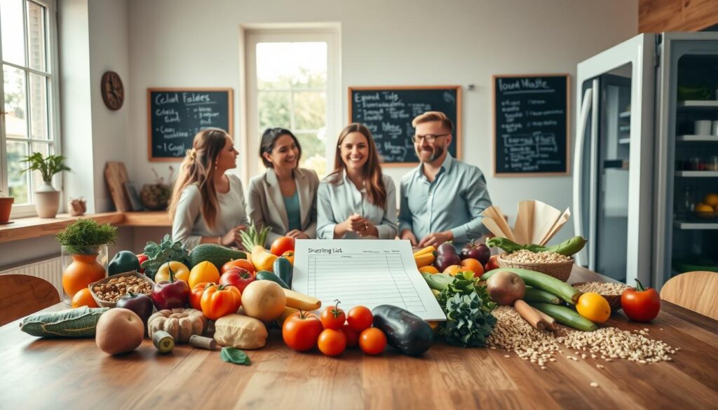 A vibrant kitchen scene showcasing an organized shopping list on a wooden table. In the foreground, a diverse group of professionals in casual business attire actively discussing fresh produce—fruits, vegetables, and grains—spread artistically across the table to emphasize sustainability and reduce food waste. The middle background features an open window with natural sunlight pouring in, enhancing the warmth and inviting atmosphere. A chalkboard on the wall hints at meal planning ideas. In the far background, a minimalistic refrigerator is stocked with neatly arranged food items. The overall mood is cheerful and collaborative, highlighting the importance of proactive measures against food waste. Soft, diffused lighting and a slightly elevated angle create an engaging, dynamic composition.
