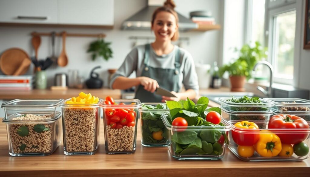A vibrant kitchen scene showcasing healthy meal prep for beginners. In the foreground, a wooden counter is filled with colorful, fresh ingredients like quinoa, cherry tomatoes, spinach, and bell peppers neatly arranged in glass meal prep containers. Behind the counter, a cheerful person in modest casual clothing carefully chops vegetables, radiating a sense of efficient organization. The background features a modern kitchen with bright natural light streaming through a window, highlighting the cleanliness and orderliness of the space. Soft focus on kitchen utensils and cookbooks suggests a warm, inviting atmosphere. The composition captures the essence of quick, stress-free cooking, with an emphasis on health and family-friendly recipes.