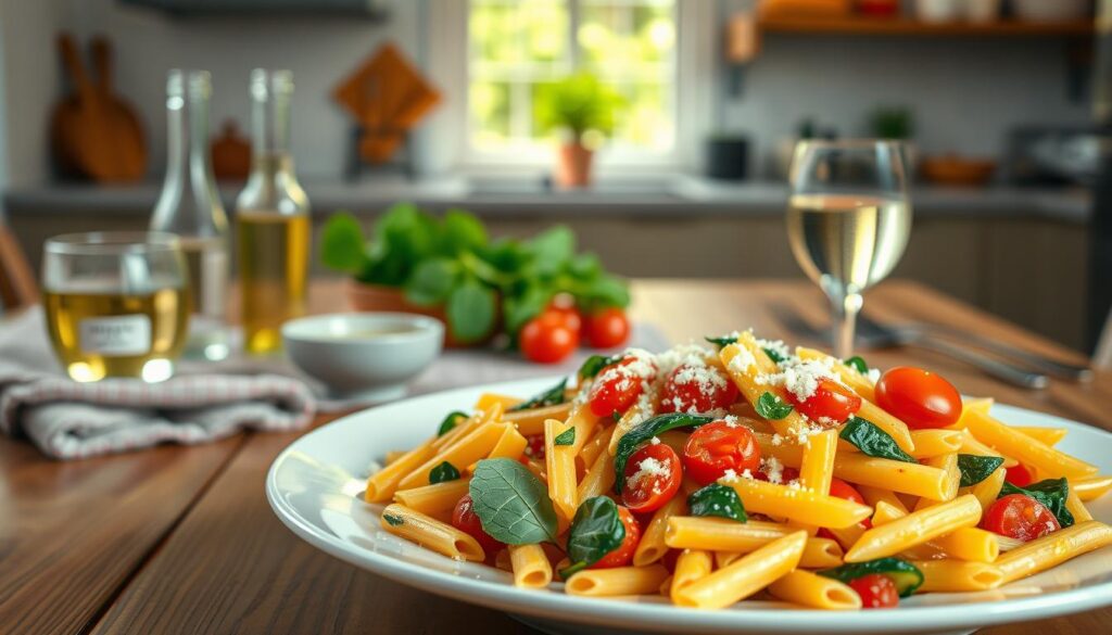 A vibrant plate of light pasta variations sits prominently in the foreground, showcasing colorful penne and fusilli mixed with fresh vegetables like cherry tomatoes, zucchini, and spinach, garnished with a sprinkle of parmesan and herbs. The middle ground features a wooden table adorned with a rustic cloth, a small bowl of olive oil and a glass of sparkling water. In the background, a softly blurred kitchen setting enhances the homey atmosphere, with warm sunlight streaming through a window, creating a cozy, inviting glow. The image captures a quick, healthy meal that feels approachable and practical for families. The composition should emphasize freshness and ease, inviting the viewer to imagine preparing this delightful dish in under 20 minutes.