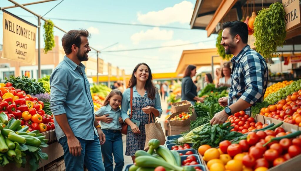 A vibrant scene depicting a family of four shopping in a fresh produce market, illustrating the concept of healthy eating on a budget. In the foreground, the family, dressed in casual yet tidy clothing, is joyfully selecting organic fruits and vegetables from colorful stalls. The middle ground features an array of fresh produce, including colorful bell peppers, leafy greens, and ripe tomatoes, with shoppers engaging happily around them. The background showcases a sunny day with a blue sky, enhancing the cheerful atmosphere of the market. Soft, natural lighting illuminates the scene, creating inviting shadows and highlights, captured from a slightly elevated angle to showcase both the family and the market. The overall mood is positive and inspiring, emphasizing the joy of affordable healthy living.