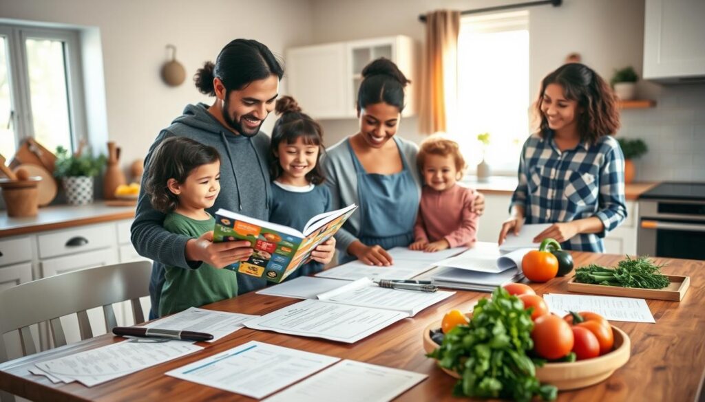 A warm and inviting kitchen scene showing a family of four engaged in a structured meal planning session. In the foreground, a diverse family—parents dressed in modest casual attire with children happily flipping through a colorful recipe book, surrounded by fresh ingredients and meal prep tools. In the middle, a large wooden dining table covered with neatly organized meal plans and grocery lists, emphasizing a sense of order. The background features a cozy kitchen with bright, natural light streaming through a window, illuminating herbs and vegetables on the counter. The atmosphere is joyful and relaxed, highlighting togetherness and the benefits of organized meal prep, creating a feeling of harmony and family connection. A warm and inviting kitchen scene showing a family of four engaged in a structured meal planning session. In the foreground, a diverse family—parents dressed in modest casual attire with children happily flipping through a colorful recipe book, surrounded by fresh ingredients and meal prep tools. In the middle, a large wooden dining table covered with neatly organized meal plans and grocery lists, emphasizing a sense of order. The background features a cozy kitchen with bright, natural light streaming through a window, illuminating herbs and vegetables on the counter. The atmosphere is joyful and relaxed, highlighting togetherness and the benefits of organized meal prep, creating a feeling of harmony and family connection.