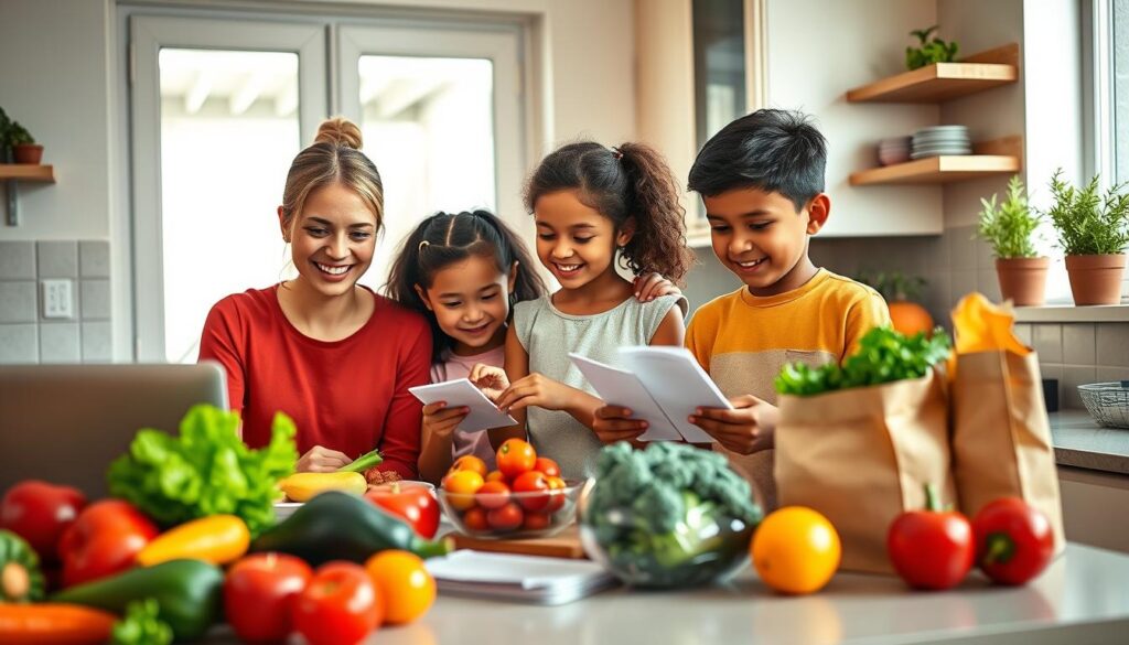 A warm and inviting kitchen setting featuring a diverse family joyfully planning meals together. In the foreground, a cheerful Caucasian mother and an enthusiastic Black father use a laptop while surrounded by colorful fresh vegetables and fruits on a countertop. The middle section highlights children, a Hispanic girl and an Asian boy, helping to organize recipe cards and stacking grocery bags. The background showcases a bright window letting in soft, natural light, with potted herbs on the sill. The atmosphere is relaxed and stress-free, evoking a sense of teamwork and healthy family living. The image is captured using a wide-angle lens to emphasize the cozy space, with vibrant colors to enhance the feeling of vitality and health. A warm and inviting kitchen setting featuring a diverse family joyfully planning meals together. In the foreground, a cheerful Caucasian mother and an enthusiastic Black father use a laptop while surrounded by colorful fresh vegetables and fruits on a countertop. The middle section highlights children, a Hispanic girl and an Asian boy, helping to organize recipe cards and stacking grocery bags. The background showcases a bright window letting in soft, natural light, with potted herbs on the sill. The atmosphere is relaxed and stress-free, evoking a sense of teamwork and healthy family living. The image is captured using a wide-angle lens to emphasize the cozy space, with vibrant colors to enhance the feeling of vitality and health.