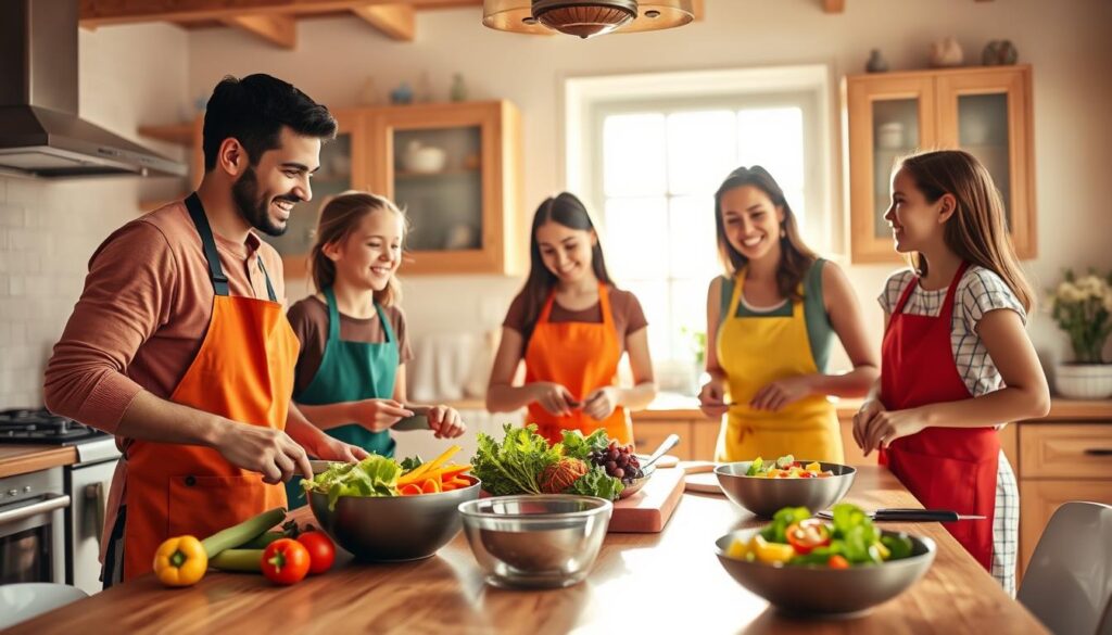 A warm, inviting kitchen filled with natural light, showcasing a family cooking together. In the foreground, a diverse family of four—two parents and two children—are joyfully preparing a simple, healthy meal. The children, wearing colorful aprons, are chopping vegetables while the parents supervise and assist, all smiling and laughing. In the middle background, there’s a wooden dining table with fresh ingredients neatly arranged, a bowl of colorful salad, and utensils. Sunlight streams in, creating a cozy atmosphere. The scene conveys a sense of collaboration and enjoyment, highlighting stress-free cooking routines. The perspective is slightly angled, emphasizing the family dynamic and the vibrant colors of the ingredients, enhancing the overall cheerful vibe of healthy cooking together.