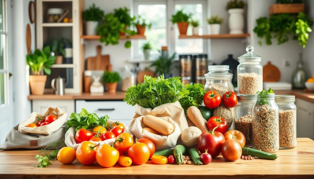 A warm, inviting kitchen scene filled with a variety of fresh fruits and vegetables, artfully arranged to showcase a sustainable household. In the foreground, a wooden table displays colorful produce like ripe tomatoes, vibrant bell peppers, and leafy greens in eco-friendly storage bags. In the middle ground, a gleaming countertop features glass jars filled with grains and legumes, promoting less waste through thoughtful storage solutions. The background reveals a cozy, sunlit kitchen adorned with lush potted herbs and an organized pantry, emphasizing a mindful approach to food preservation. Soft natural lighting filters through a window, creating a serene and hopeful atmosphere, inspiring viewers to embrace sustainability and reduce food waste.
