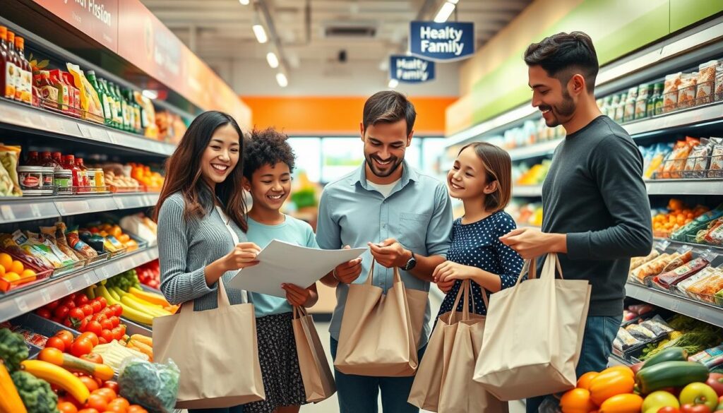 A well-organized grocery shopping scene, featuring a diverse family of four engaged in a systematic shopping experience. In the foreground, a mother, father, and two children, all dressed in smart casual attire, are joyfully examining fresh produce, with a checklist and reusable shopping bags in hand. In the middle, shelves lined with colorful fruits, vegetables, and healthy snacks create a vibrant, inviting atmosphere. The background showcases a brightly lit supermarket with clear signage and clean aisles, promoting a sense of order and efficiency. Soft, natural lighting enhances the cheerful mood, casting a warm glow over the scene. The composition captures the essence of stress-free, efficient shopping, suitable for promoting healthy family nutrition. A well-organized grocery shopping scene, featuring a diverse family of four engaged in a systematic shopping experience. In the foreground, a mother, father, and two children, all dressed in smart casual attire, are joyfully examining fresh produce, with a checklist and reusable shopping bags in hand. In the middle, shelves lined with colorful fruits, vegetables, and healthy snacks create a vibrant, inviting atmosphere. The background showcases a brightly lit supermarket with clear signage and clean aisles, promoting a sense of order and efficiency. Soft, natural lighting enhances the cheerful mood, casting a warm glow over the scene. The composition captures the essence of stress-free, efficient shopping, suitable for promoting healthy family nutrition.
