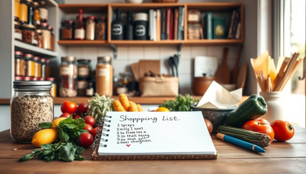 A well-organized kitchen pantry filled with neatly labeled jars and containers, showcasing a colorful array of spices, grains, and dried fruits. In the foreground, a stylish wooden table displays a beautifully handwritten shopping list made on a notepad, surrounded by fresh produce like vegetables and fruits. A warm, natural light filters through a window to create a cozy atmosphere, emphasizing the inviting space. The background features a well-arranged shelf with cooking utensils and cookbooks, suggesting an air of culinary creativity and organization. The overall mood is productive and calming, capturing the essence of preparing for a stress-free grocery shopping experience.