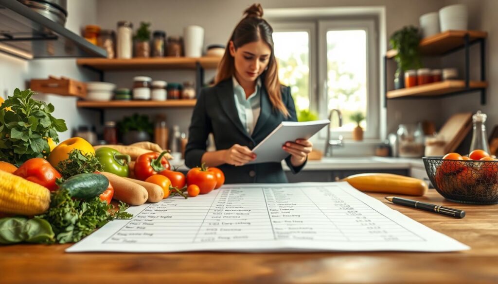 A well-organized kitchen scene focusing on a neatly arranged grocery list on a wooden countertop, showcasing colorful and fresh food items like vegetables, fruits, and spices in the foreground. In the middle, a person in a professional outfit, looking focused and thoughtful, is checking the list against the ingredients they have gathered. The background features shelves with neatly stored pantry items and a window letting in warm, natural light to create an inviting atmosphere. The image should have soft lighting that emphasizes the professionalism and tranquility of meal preparation. Capture the sense of efficiency and preparation that comes with proper planning, evoking a mood of calm and control over the cooking process.
