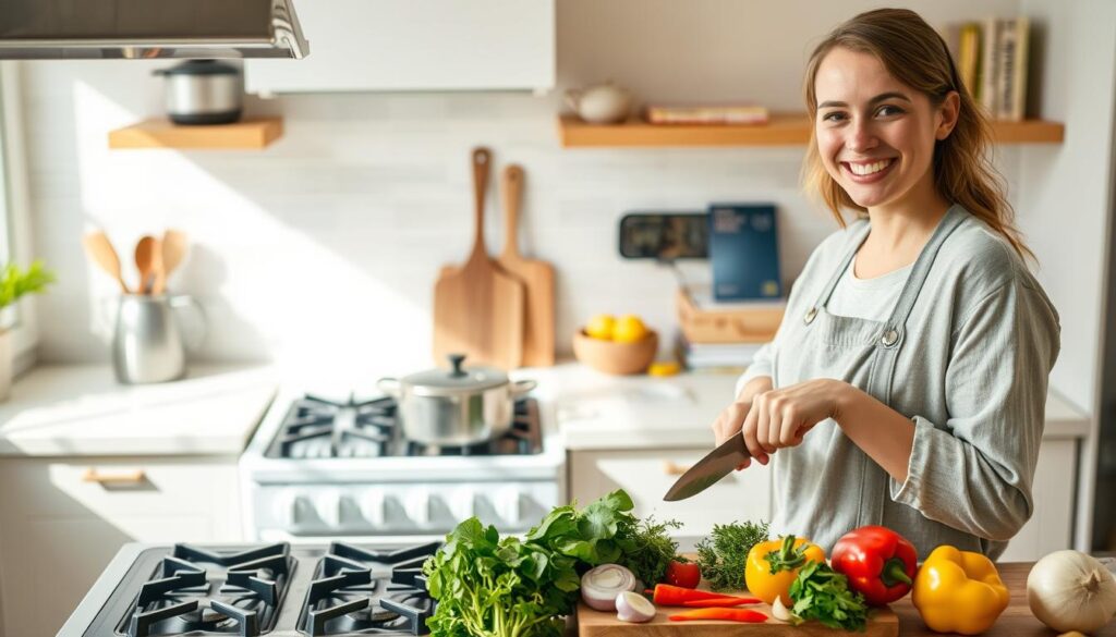 A well-organized kitchen scene that evokes a sense of calm and stress-free cooking. In the foreground, a cheerful individual dressed in modest casual clothing is carefully chopping fresh vegetables on a wooden cutting board, surrounded by colorful ingredients like bell peppers, onions, and herbs. In the middle ground, a clean stove showcases a simmering pot, while a neatly arranged display of kitchen tools and utensils suggests efficient planning. The background features spacious countertops adorned with a few cookbooks, emphasizing a structured approach to meal preparation. Soft, natural lighting streams in through a window, creating a warm and inviting atmosphere. The overall mood is relaxed and focused, illustrating the idea of cooking without stress through effective preparation.