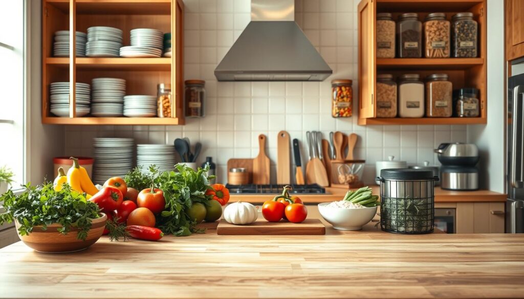 A well-organized kitchen showcasing an inviting and functional space for healthy cooking. In the foreground, a wooden countertop is neatly arranged with colorful fresh vegetables, herbs, and organized kitchen tools. The middle ground features open cabinets displaying neatly stacked plates, glass jars filled with spices, and labeled containers for grains and legumes. In the background, a bright window lets in natural light, enhancing the cheerful atmosphere. Soft shadows and warm tones create a cozy, motivating ambiance, emphasizing the role of kitchen organization in preparing wholesome meals. The scene captures a tidy, professional kitchen environment that inspires a sense of calm and practicality, without any human figures present. A well-organized kitchen showcasing an inviting and functional space for healthy cooking. In the foreground, a wooden countertop is neatly arranged with colorful fresh vegetables, herbs, and organized kitchen tools. The middle ground features open cabinets displaying neatly stacked plates, glass jars filled with spices, and labeled containers for grains and legumes. In the background, a bright window lets in natural light, enhancing the cheerful atmosphere. Soft shadows and warm tones create a cozy, motivating ambiance, emphasizing the role of kitchen organization in preparing wholesome meals. The scene captures a tidy, professional kitchen environment that inspires a sense of calm and practicality, without any human figures present.