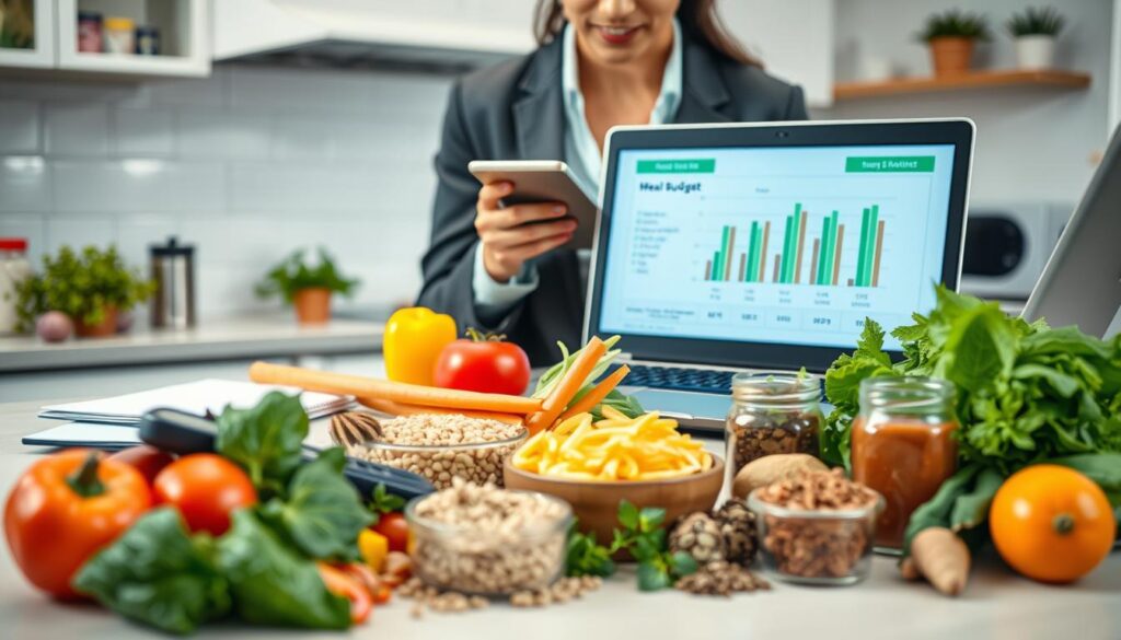 A well-organized kitchen workspace featuring a professional-looking person in business casual attire, meticulously planning meals with a notepad, calculator, and a laptop. In the foreground, colorful fresh ingredients like vegetables, grains, and spices are neatly arranged, symbolizing healthy meal options. The middle ground reveals a detailed budget chart displayed on the laptop screen, showcasing savings through meal planning. The background shows a tidy kitchen with bright lighting, enhancing a sense of calm and organization. The atmosphere is focused and productive, emphasizing the financial benefits of structured meal planning, creating a visually appealing yet professional scene without any text or distractions.