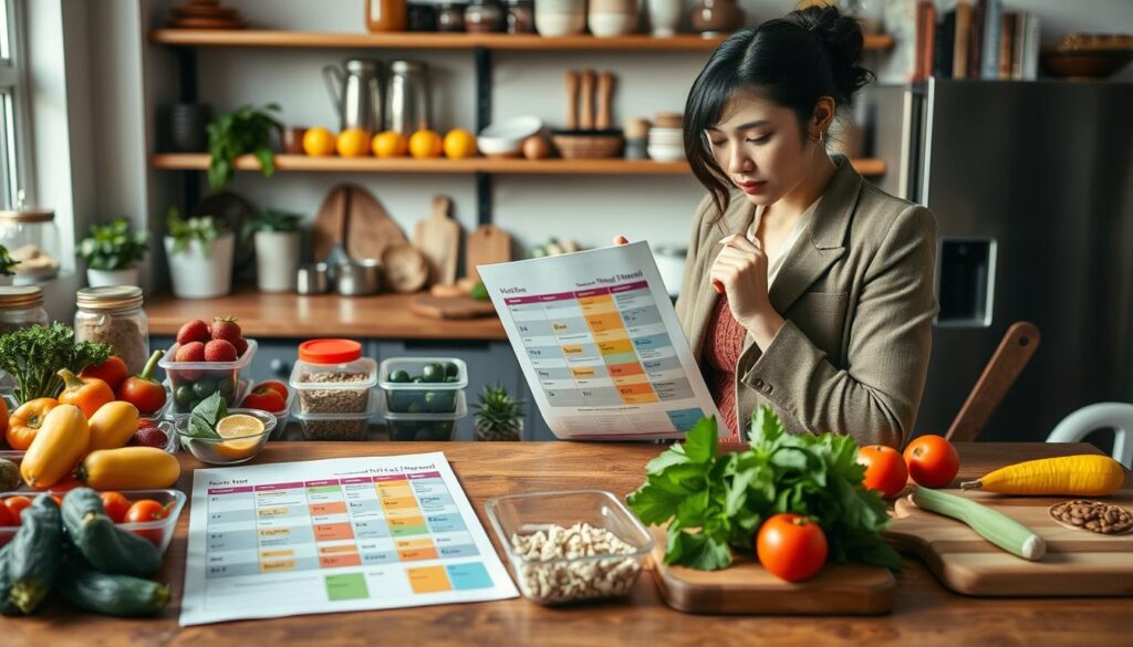 A well-organized kitchen workspace featuring a wooden table covered with fresh fruits, vegetables, and neatly labeled containers of grains and proteins. In the foreground, a thoughtful person, dressed in a smart-casual outfit, is examining a colorful meal planning chart or calendar. In the middle ground, a variety of meal prep items, such as meal containers and a cutting board with chopped ingredients, illustrate efficient meal planning. The background showcases a cozy, well-lit kitchen with shelves filled with jars and cookbooks, conveying a warm and inviting atmosphere. Use soft lighting that highlights the freshness of the ingredients, creating a mood of positivity and organization. The composition should be captured from a slightly elevated angle, providing clarity and focus on meal planning while showcasing the overall kitchen environment. A well-organized kitchen workspace featuring a wooden table covered with fresh fruits, vegetables, and neatly labeled containers of grains and proteins. In the foreground, a thoughtful person, dressed in a smart-casual outfit, is examining a colorful meal planning chart or calendar. In the middle ground, a variety of meal prep items, such as meal containers and a cutting board with chopped ingredients, illustrate efficient meal planning. The background showcases a cozy, well-lit kitchen with shelves filled with jars and cookbooks, conveying a warm and inviting atmosphere. Use soft lighting that highlights the freshness of the ingredients, creating a mood of positivity and organization. The composition should be captured from a slightly elevated angle, providing clarity and focus on meal planning while showcasing the overall kitchen environment.