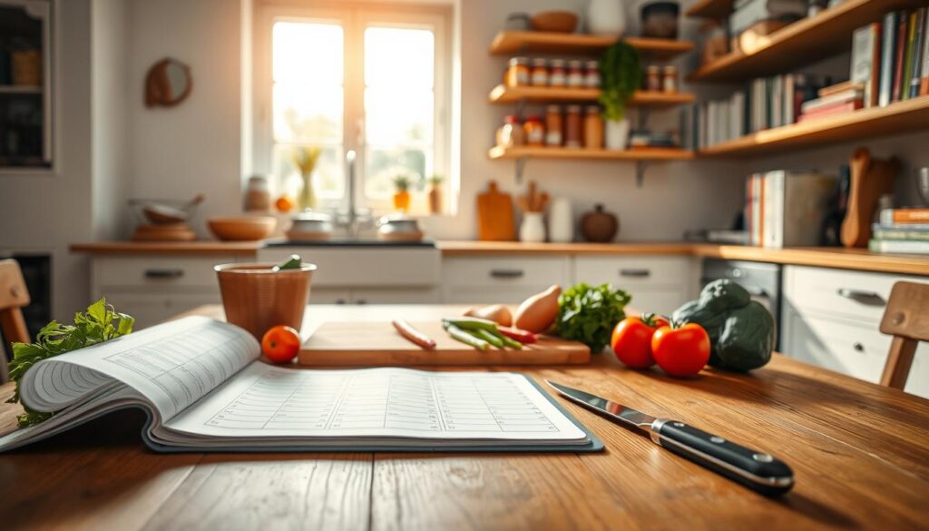 A well-organized kitchen workspace highlighting the essentials of meal planning. In the foreground, a wooden dining table is adorned with an open planner, colorful vegetables, a cutting board, and a sharp knife, suggesting preparation. The middle background features a neatly arranged pantry with labeled jars of grains, spices, and canned goods, emphasizing systematic organization. A sunny window casts soft, natural light, creating a warm and inviting atmosphere. In the background, shelves display cookbooks and kitchen tools, reinforcing the theme of successful meal planning. The angle focuses from slightly above the table, providing an overview that captures the essence of structured cooking. Overall, the mood is calm, inspiring, and conducive to productive meal preparation. A well-organized kitchen workspace highlighting the essentials of meal planning. In the foreground, a wooden dining table is adorned with an open planner, colorful vegetables, a cutting board, and a sharp knife, suggesting preparation. The middle background features a neatly arranged pantry with labeled jars of grains, spices, and canned goods, emphasizing systematic organization. A sunny window casts soft, natural light, creating a warm and inviting atmosphere. In the background, shelves display cookbooks and kitchen tools, reinforcing the theme of successful meal planning. The angle focuses from slightly above the table, providing an overview that captures the essence of structured cooking. Overall, the mood is calm, inspiring, and conducive to productive meal preparation.