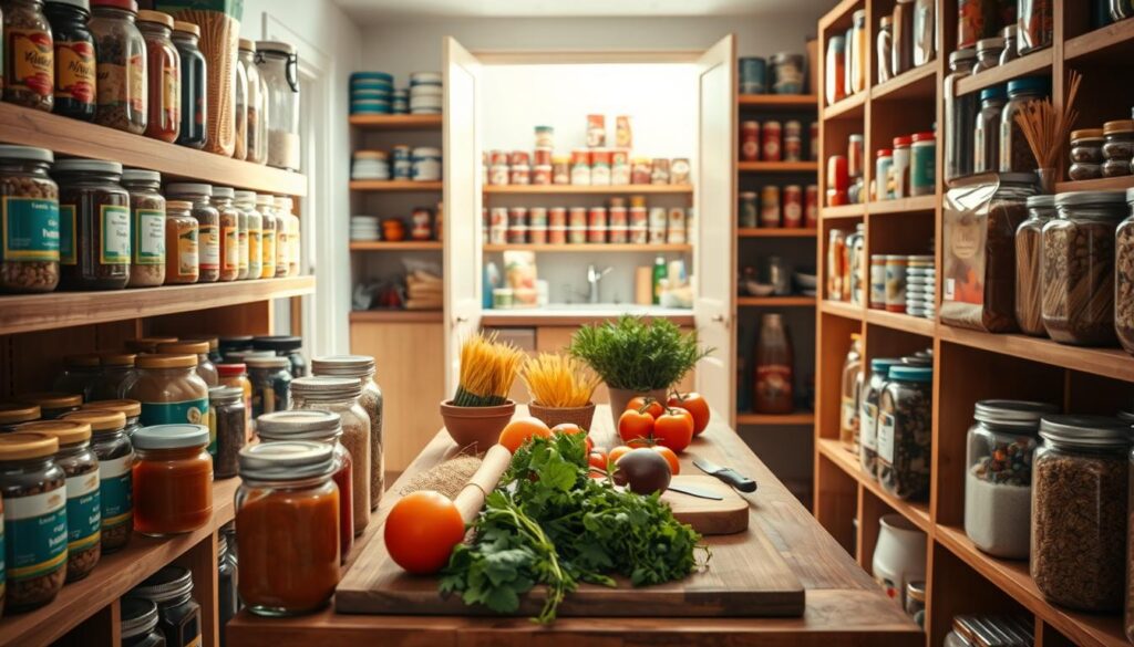 A well-organized pantry filled with a variety of fresh ingredients for easy, spontaneous dishes. In the foreground, colorful jars of spices, pasta, and grains are neatly arranged on wooden shelves, showcasing their vivid labels. The middle section features a rustic kitchen table with fresh vegetables, herbs, and a cutting board, emphasizing a sense of preparation for quick meals. In the background, a softly lit kitchen with warm tones and open cabinets reveals neatly stacked cans and containers. The scene is bathed in natural light, creating a cozy, inviting atmosphere perfect for a relaxed cooking experience. The angle should highlight the depth of the pantry and kitchen, inviting viewers to imagine effortless meal preparation after a long day. A well-organized pantry filled with a variety of fresh ingredients for easy, spontaneous dishes. In the foreground, colorful jars of spices, pasta, and grains are neatly arranged on wooden shelves, showcasing their vivid labels. The middle section features a rustic kitchen table with fresh vegetables, herbs, and a cutting board, emphasizing a sense of preparation for quick meals. In the background, a softly lit kitchen with warm tones and open cabinets reveals neatly stacked cans and containers. The scene is bathed in natural light, creating a cozy, inviting atmosphere perfect for a relaxed cooking experience. The angle should highlight the depth of the pantry and kitchen, inviting viewers to imagine effortless meal preparation after a long day.