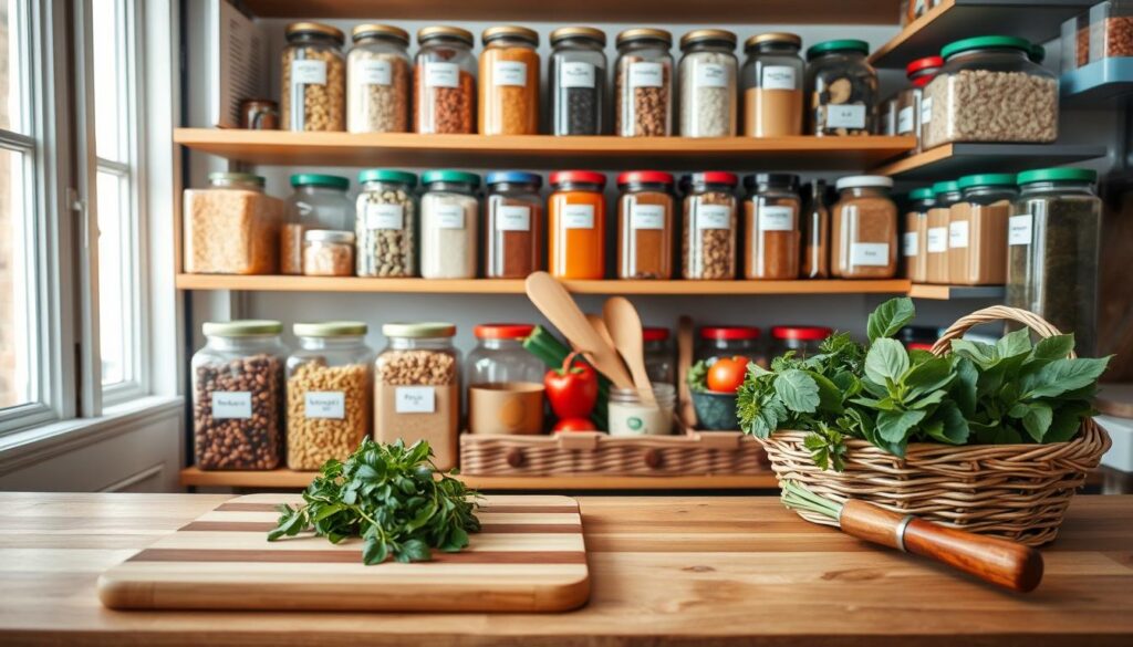 A well-organized pantry filled with neatly arranged dry goods, such as beans, pasta, grains, and spices in attractive, labeled glass jars. In the foreground, a wooden countertop with a stylish bamboo cutting board displaying fresh herbs, while a basket of seasonal vegetables sits nearby. In the middle, shelves are lined with colorful containers, each made from sustainable materials, reflecting a modern yet cozy kitchen atmosphere. The background shows soft, natural lighting filtering through a window, casting gentle shadows and highlighting the textures of the ingredients. The overall mood should feel inviting and practical, showcasing effective storage solutions for preserving freshness. The image is devoid of any text or overlays.