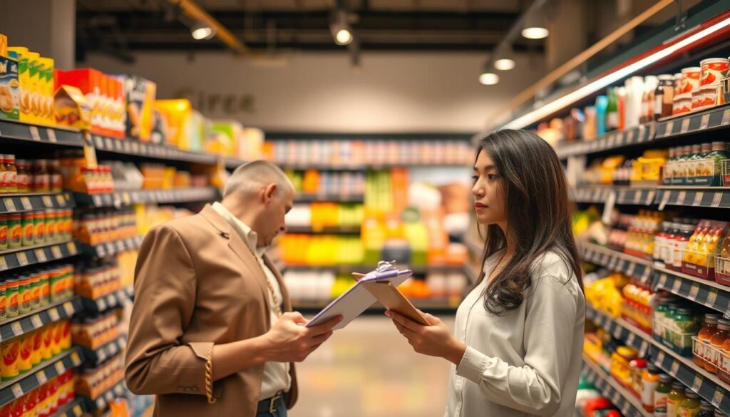 An elegant grocery store interior is depicted, showcasing a well-organized aisle with neatly stacked products. In the foreground, a focused professional woman in modest casual attire is holding a clipboard with a shopping list, evaluating her options. She appears thoughtful, reflecting the idea of making calculated purchases. In the middle, colorful shelves filled with fresh produce, canned goods, and pantry staples line the aisle, emphasizing the importance of planning when shopping. The background features soft, warm lighting that creates a welcoming atmosphere, with subtle depth of field to keep the focus on the shopper. The overall mood is calm and purposeful, illustrating the concept of avoiding impulse buys while saving money and reducing stress.