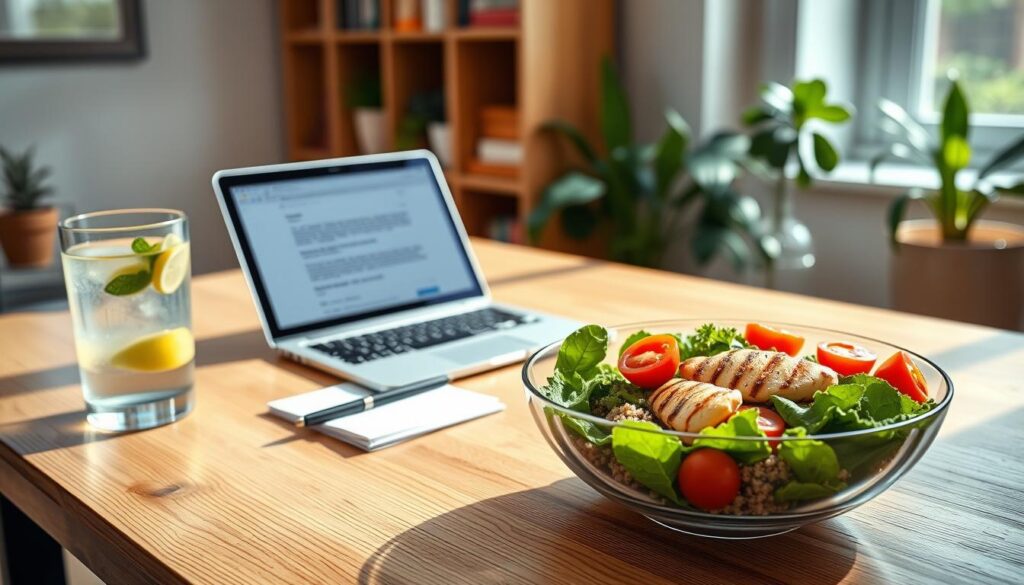 A bright and inviting home office scene showcasing a healthy lunch setup. In the foreground, a neatly arranged wooden desk featuring a colorful, balanced meal with grilled chicken, mixed greens, cherry tomatoes, and quinoa in an elegant bowl. A refreshing glass of infused water with lemon and mint sits beside the meal. In the middle, a modern laptop is open, displaying a work document, accompanied by a stylish notepad and a pen. Soft, natural lighting filters through a nearby window, creating a warm atmosphere. In the background, a cozy bookshelf filled with plants and books completes the home office vibe. The overall mood is productive, healthy, and inviting, perfect for a work-from-home lunch setting. A bright and inviting home office scene showcasing a healthy lunch setup. In the foreground, a neatly arranged wooden desk featuring a colorful, balanced meal with grilled chicken, mixed greens, cherry tomatoes, and quinoa in an elegant bowl. A refreshing glass of infused water with lemon and mint sits beside the meal. In the middle, a modern laptop is open, displaying a work document, accompanied by a stylish notepad and a pen. Soft, natural lighting filters through a nearby window, creating a warm atmosphere. In the background, a cozy bookshelf filled with plants and books completes the home office vibe. The overall mood is productive, healthy, and inviting, perfect for a work-from-home lunch setting.