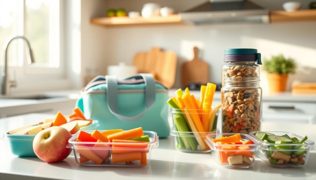 A bright, sunny kitchen countertop filled with an array of healthy snacks for children, perfect for school and kindergarten preparation. In the foreground, vibrant fruit and veggie options like apple slices, carrot sticks, and colorful bell pepper strips are beautifully arranged in clean, kid-friendly containers. A reusable snack bag and a thermos can be seen beside them, showcasing eco-friendly storage solutions. In the middle ground, there’s a clear glass jar filled with homemade trail mix, radiating freshness. The background features a cheerful kitchen setting with soft, natural lighting streaming in through a window, enhancing the welcoming atmosphere. The overall mood is lively and encouraging, ideal for visually inspiring parents with easy snack ideas.
