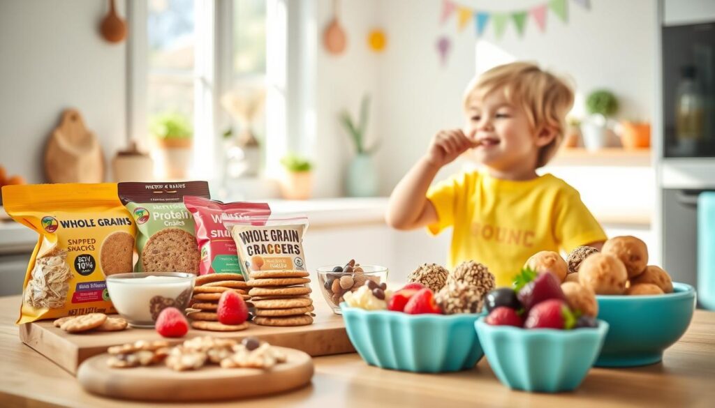 A colorful, inviting display of whole grain snacks and protein-rich snacks designed for children. In the foreground, a variety of snacks including whole grain crackers, protein bars, and fruit & nut balls, attractively arranged on a wooden board, alongside small bowls of yogurt and fresh berries. The middle ground features a small, cheerful child, wearing a bright t-shirt, happily reaching for a snack with a joyful expression, captured in a candid moment. In the background, a sunny kitchen with light streaming through a window, plants on the windowsill, and playful decorations creates a warm and nurturing atmosphere. The overall mood is vibrant and wholesome, evoking a sense of healthy eating and joy. Bright, natural lighting enhances the freshness of the snacks.