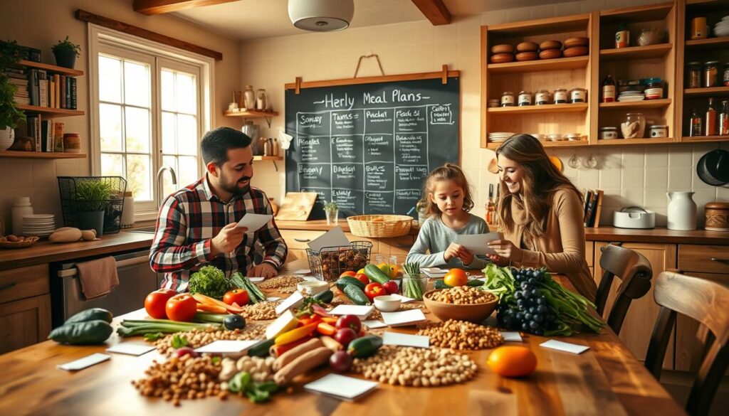 A cozy family kitchen scene, showcasing a diverse family of four joyfully engaged in meal planning. In the foreground, a large wooden dining table is cluttered with colorful fresh vegetables, grains, and recipe cards. The parents, dressed in casual yet neat clothing, collaborate while a teenage child takes notes. The younger child is playfully arranging ingredients nearby. In the middle ground, a large chalkboard displays a weekly meal plan with colorful drawings and notes. The background reveals warm sunlight streaming through a window, illuminating the cheerful chaos of the kitchen, with shelves filled with cookbooks and jars. A warm and inviting atmosphere, emphasizing teamwork and organization in family life.