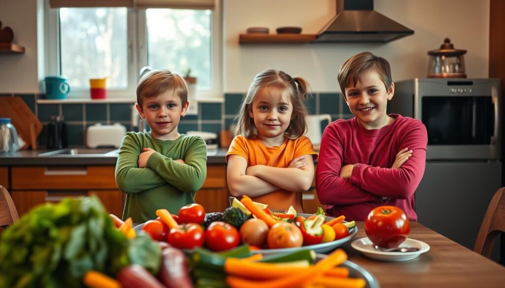 A cozy family kitchen setting, showcasing a mom and two children aged 5 and 7, both dressed in casual, colorful clothing. The children are playfully refusing to eat healthy vegetable dishes, with puzzled expressions on their faces and crossed arms, while the mother looks on with a supportive smile, holding a fork with a carrot. In the foreground, a beautifully arranged table with vibrant vegetables and fruits, reflecting a balanced meal. The lighting is warm and inviting, streaming in from a nearby window, casting soft shadows. The scene captures a light-hearted yet informative atmosphere, emphasizing the challenge of dealing with picky eaters in a positive way, ideal for inspiring healthy eating habits. A cozy family kitchen setting, showcasing a mom and two children aged 5 and 7, both dressed in casual, colorful clothing. The children are playfully refusing to eat healthy vegetable dishes, with puzzled expressions on their faces and crossed arms, while the mother looks on with a supportive smile, holding a fork with a carrot. In the foreground, a beautifully arranged table with vibrant vegetables and fruits, reflecting a balanced meal. The lighting is warm and inviting, streaming in from a nearby window, casting soft shadows. The scene captures a light-hearted yet informative atmosphere, emphasizing the challenge of dealing with picky eaters in a positive way, ideal for inspiring healthy eating habits.