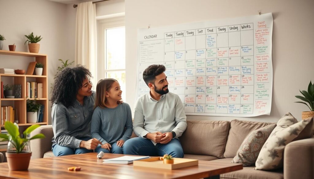 A cozy family living room scene, featuring a large, colorful family calendar on the wall filled with handwritten notes and drawings. In the foreground, a diverse family of four is gathered around a wooden table, discussing their upcoming plans. The parents, dressed in casual yet tidy clothing, appear engaged and organized, while the children, a boy and a girl, playfully highlight their favorite activities on the calendar. Soft, natural light filters through a window, creating a warm and inviting atmosphere. In the background, shelves filled with books and plants add a touch of homeliness, emphasizing a stress-free environment. The overall mood is harmonious and focused, showcasing effective family scheduling in action.