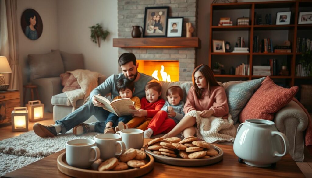 A cozy family living room set in the evening, warmly illuminated by soft, ambient lighting. In the foreground, a family of four—parents and two children—engaged in a calming evening ritual. The father reads a story to the children, who are snuggled on a plush rug, surrounded by colorful pillows and blankets. In the middle ground, a coffee table is adorned with mugs of steaming cocoa and a platter of homemade cookies. The background features a gently flickering fireplace, casting a warm glow across the room, with shelves filled with books and family photos. The mood is serene and intimate, evoking a sense of relaxation and togetherness, painted in soft, warm tones. Capture this moment with a slightly higher angle to emphasize the warmth of family connection.