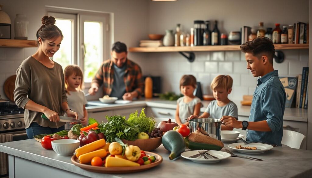 A cozy kitchen scene emphasizes a balanced, stress-free family meal preparation. In the foreground, a diverse family happily collaborates; a mother in casual attire chops colorful vegetables while a father stirs a pot on the stove. Children, also dressed comfortably, set the table with simple, elegant dinnerware. The kitchen is beautifully lit with warm, natural light from a window, creating an inviting atmosphere. In the middle, a counter displays an array of fresh ingredients and a beautifully arranged balanced meal, symbolizing nutrition without pressure. The background features rustic wooden shelves filled with spices and healthy cookbooks, enhancing the feeling of home and harmony. The overall mood conveys relaxation, togetherness, and the joy of cooking without the burden of perfectionism. A cozy kitchen scene emphasizes a balanced, stress-free family meal preparation. In the foreground, a diverse family happily collaborates; a mother in casual attire chops colorful vegetables while a father stirs a pot on the stove. Children, also dressed comfortably, set the table with simple, elegant dinnerware. The kitchen is beautifully lit with warm, natural light from a window, creating an inviting atmosphere. In the middle, a counter displays an array of fresh ingredients and a beautifully arranged balanced meal, symbolizing nutrition without pressure. The background features rustic wooden shelves filled with spices and healthy cookbooks, enhancing the feeling of home and harmony. The overall mood conveys relaxation, togetherness, and the joy of cooking without the burden of perfectionism.