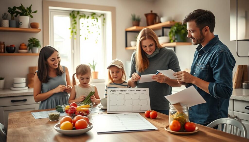 A serene family scene in a cozy, well-organized kitchen, featuring a mother and father engaging with their two children in a joyful, collaborative atmosphere. The foreground shows a beautifully arranged dining table with meal prep items, colorful fruits, and family calendar open, indicating a structured routine. In the middle, the parents, dressed in modest casual clothing, are discussing the weekly meal plan, while the children assist by sorting out ingredients and writing a shopping list. The background features bright, natural light streaming through the window, plants on the windowsill, and organized shelves, adding warmth and a sense of harmony to the image. The mood is cheerful and productive, capturing the essence of a stress-free family life.