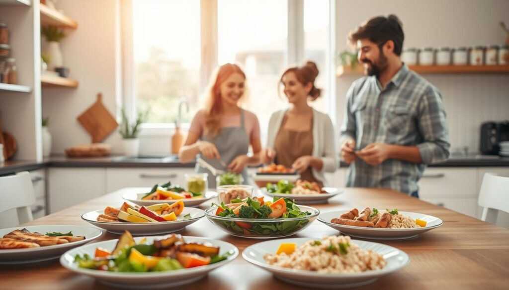 A serene kitchen atmosphere focused on stress-free meal planning. In the foreground, a beautifully arranged dining table with colorful plates featuring healthy family meals, such as grilled vegetables, whole grains, and lean proteins. In the middle, a cheerful family of four, dressed in casual, modest clothing, is seen joyfully preparing and discussing their meal options. The background showcases a well-organized kitchen with fresh herbs, cookbooks, and neatly labeled containers, emphasizing simplicity and order. Warm, natural lighting filters through a large window, creating an inviting ambiance. The scene conveys a sense of harmony and ease, illustrating seamless meal planning for a balanced family diet. A serene kitchen atmosphere focused on stress-free meal planning. In the foreground, a beautifully arranged dining table with colorful plates featuring healthy family meals, such as grilled vegetables, whole grains, and lean proteins. In the middle, a cheerful family of four, dressed in casual, modest clothing, is seen joyfully preparing and discussing their meal options. The background showcases a well-organized kitchen with fresh herbs, cookbooks, and neatly labeled containers, emphasizing simplicity and order. Warm, natural lighting filters through a large window, creating an inviting ambiance. The scene conveys a sense of harmony and ease, illustrating seamless meal planning for a balanced family diet.