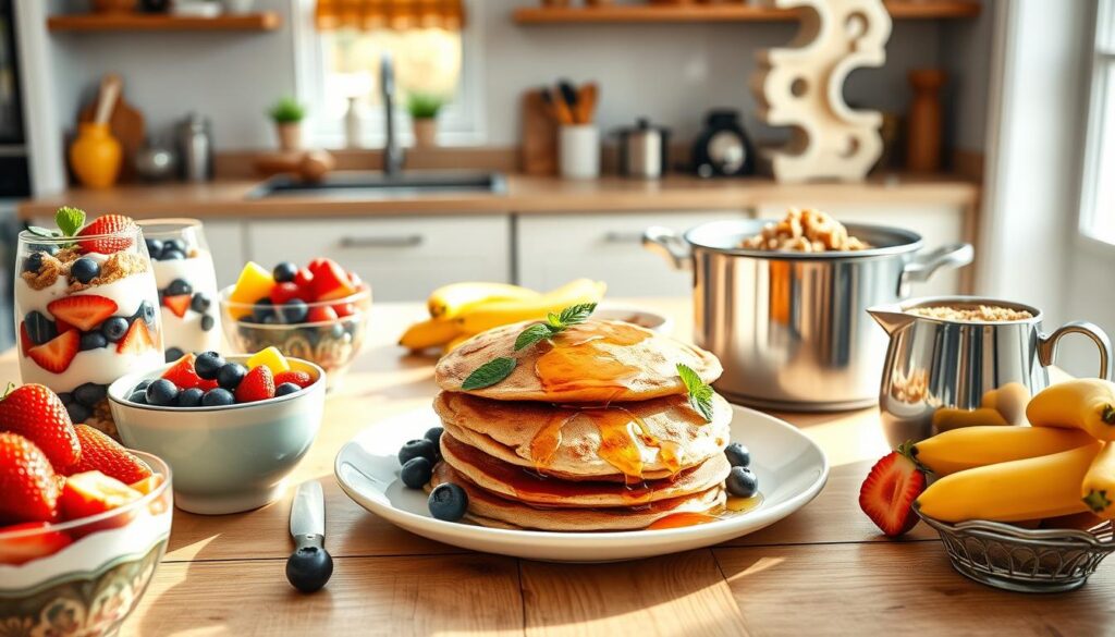 A vibrant and inviting breakfast table set in a sunlit kitchen, showcasing a variety of healthy family-friendly breakfast options. In the foreground, there are colorful bowls filled with fresh fruits like strawberries, blueberries, and bananas, alongside yogurt parfaits layered with granola. In the middle, a large plate features whole grain pancakes drizzled with honey and garnished with mint leaves, next to a steaming pot of oatmeal topped with nuts. The background includes a cozy kitchen scene with light streaming through a window, illuminating the room and creating a warm atmosphere. The overall mood is cheerful and energetic, ideal for a family starting their day right. The composition should focus on the delicious food and the warmth of the kitchen without any people present. A vibrant and inviting breakfast table set in a sunlit kitchen, showcasing a variety of healthy family-friendly breakfast options. In the foreground, there are colorful bowls filled with fresh fruits like strawberries, blueberries, and bananas, alongside yogurt parfaits layered with granola. In the middle, a large plate features whole grain pancakes drizzled with honey and garnished with mint leaves, next to a steaming pot of oatmeal topped with nuts. The background includes a cozy kitchen scene with light streaming through a window, illuminating the room and creating a warm atmosphere. The overall mood is cheerful and energetic, ideal for a family starting their day right. The composition should focus on the delicious food and the warmth of the kitchen without any people present.