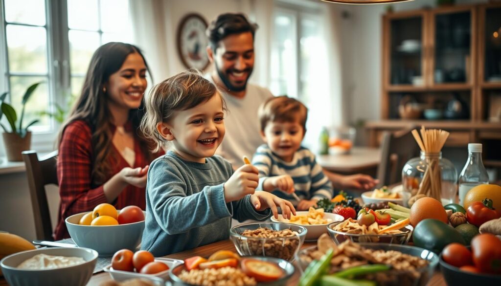 A vibrant dining scene showing a family gathered around a table filled with a variety of healthy, colorful foods, such as fruits, vegetables, and whole grains. In the foreground, a young child joyfully selecting their own food from the options available, showcasing autonomy and choice, dressed in a modest, casual outfit. The parents, in the middle of the scene, are interacting positively, encouraging the child with warm smiles. The background features a cozy, well-lit dining room with soft, natural lighting streaming in from a window, creating a welcoming atmosphere. The composition is shot from a slightly elevated angle, emphasizing the connection and interaction within the scene, evoking a sense of joy and empowerment around healthy eating. A vibrant dining scene showing a family gathered around a table filled with a variety of healthy, colorful foods, such as fruits, vegetables, and whole grains. In the foreground, a young child joyfully selecting their own food from the options available, showcasing autonomy and choice, dressed in a modest, casual outfit. The parents, in the middle of the scene, are interacting positively, encouraging the child with warm smiles. The background features a cozy, well-lit dining room with soft, natural lighting streaming in from a window, creating a welcoming atmosphere. The composition is shot from a slightly elevated angle, emphasizing the connection and interaction within the scene, evoking a sense of joy and empowerment around healthy eating.