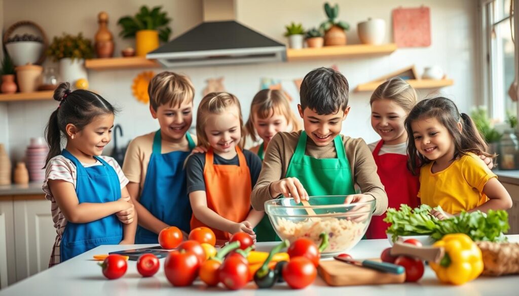 A vibrant kitchen scene featuring children and an adult engaged in a joyful cooking activity. In the foreground, a diverse group of children, aged 5-10, wearing colorful aprons and focused expressions, are mixing ingredients in a large bowl. The adult, a friendly figure dressed in casual attire, guides them with an encouraging smile. In the middle ground, various colorful vegetables and cooking utensils are scattered on a bright countertop. The background showcases a cozy kitchen filled with warm, natural lighting, and playful decorations. Capture the atmosphere of excitement and collaboration, emphasizing healthy cooking as a fun, shared experience. The composition should reflect a candid moment, with a soft focus on the children’s happy faces, evoking a sense of warmth and joy. A vibrant kitchen scene featuring children and an adult engaged in a joyful cooking activity. In the foreground, a diverse group of children, aged 5-10, wearing colorful aprons and focused expressions, are mixing ingredients in a large bowl. The adult, a friendly figure dressed in casual attire, guides them with an encouraging smile. In the middle ground, various colorful vegetables and cooking utensils are scattered on a bright countertop. The background showcases a cozy kitchen filled with warm, natural lighting, and playful decorations. Capture the atmosphere of excitement and collaboration, emphasizing healthy cooking as a fun, shared experience. The composition should reflect a candid moment, with a soft focus on the children’s happy faces, evoking a sense of warmth and joy.