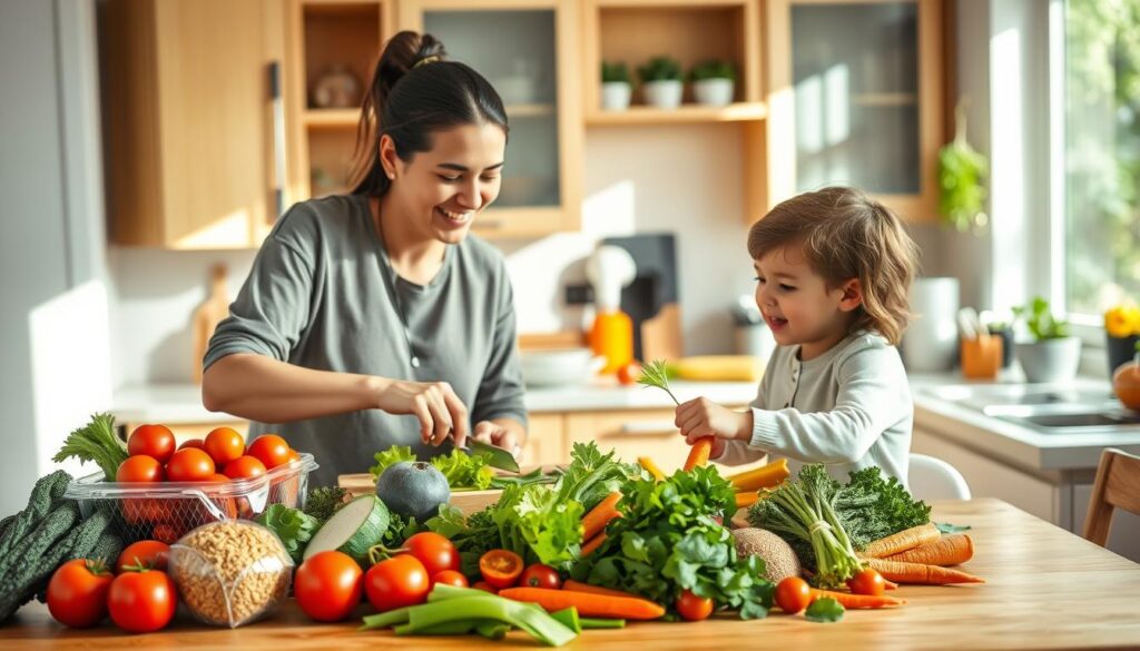 A vibrant kitchen scene showcasing a parent engaging warmly with their child, preparing a colorful and nutritious meal together. In the foreground, there's a wooden table filled with fresh fruits, vegetables, and whole grains, such as bright red tomatoes, leafy greens, and orange carrots, all artfully arranged. The middle ground features the parent, in modest casual clothing, demonstrating how to slice vegetables, with a smile that conveys encouragement and support. The child, wearing playful yet appropriate attire, is actively participating, their expression curious and excited. The background shows sunlit kitchen elements, like cabinets and a window with a view of a garden, creating a bright and cheerful atmosphere. Soft, natural lighting illuminates the scene, accentuating the joy of healthy cooking and strong family bonds. A vibrant kitchen scene showcasing a parent engaging warmly with their child, preparing a colorful and nutritious meal together. In the foreground, there's a wooden table filled with fresh fruits, vegetables, and whole grains, such as bright red tomatoes, leafy greens, and orange carrots, all artfully arranged. The middle ground features the parent, in modest casual clothing, demonstrating how to slice vegetables, with a smile that conveys encouragement and support. The child, wearing playful yet appropriate attire, is actively participating, their expression curious and excited. The background shows sunlit kitchen elements, like cabinets and a window with a view of a garden, creating a bright and cheerful atmosphere. Soft, natural lighting illuminates the scene, accentuating the joy of healthy cooking and strong family bonds.