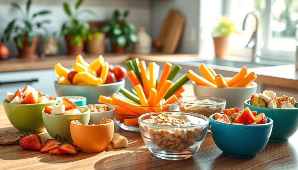 A vibrant kitchen scene showcasing an array of healthy snacks for children, artfully arranged on a wooden table. In the foreground, colorful bowls filled with cut fruits like strawberries, apple slices, and banana chunks, alongside small servings of yogurt and granola. In the middle, a playful setup of vegetable sticks—carrots, cucumbers, and bell peppers—accompanied by hummus. The background features a bright, sunlit window with plants, creating a cheerful atmosphere. Soft, natural lighting highlights the freshness of the snacks, evoking a sense of warmth and healthiness. The mood is inviting and pleasant, encouraging creativity in meal prep for children. The image should be free of text or overlays.