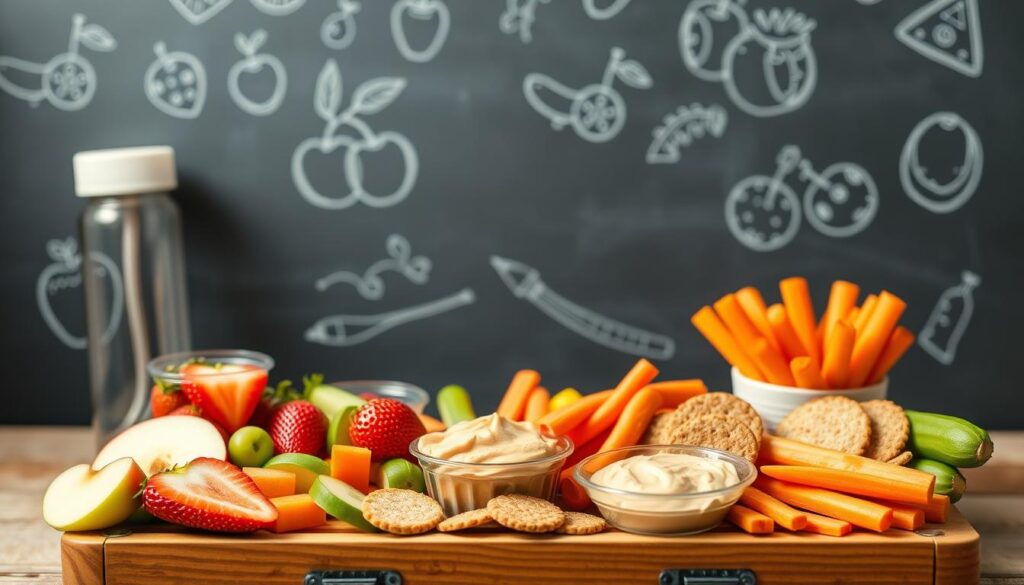 A vibrant, well-arranged flat lay of healthy snacks designed for children, set on a wooden school lunchbox. In the foreground, showcase an assortment of colorful, nutritious snacks: sliced fruits like apples and strawberries, colorful vegetable sticks like carrots and cucumbers, and whole-grain crackers. A small container holds some homemade hummus, while a cute, reusable water bottle is partially visible. In the middle, a chalkboard background features subtle drawings of fruits and vegetables, enhancing the healthy theme. Soft, natural lighting illuminates the scene, creating a cheerful atmosphere. The angle is slightly above eye level, allowing a clear view of the delicious snacks, evoking a sense of fun and wellness suitable for school and outings.